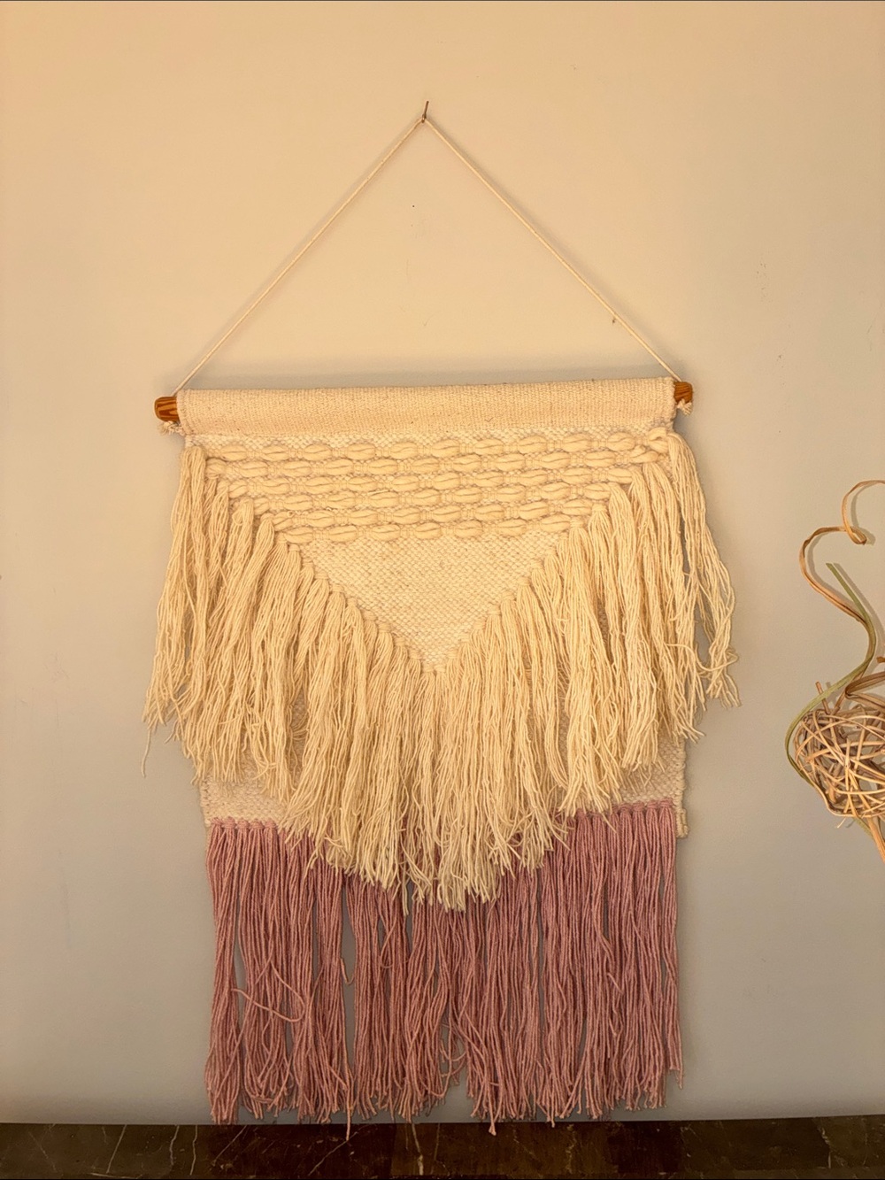 Boho Cream & Dusty Pink Woven Fringe Wall Hanging